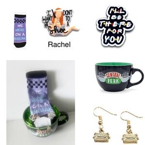 FRIENDS Ross & Rachel Gift Set of 5- Mug, Earrings, Socks, & 2 Shoe Charms - New